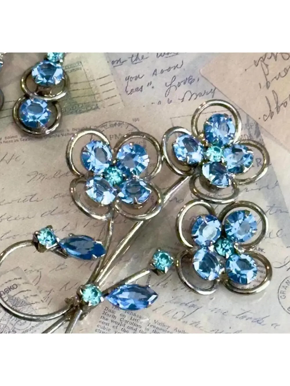 Vintage Blue Rhinestone Jewelry Set | Earrings & Floral Brooch | Something Blue